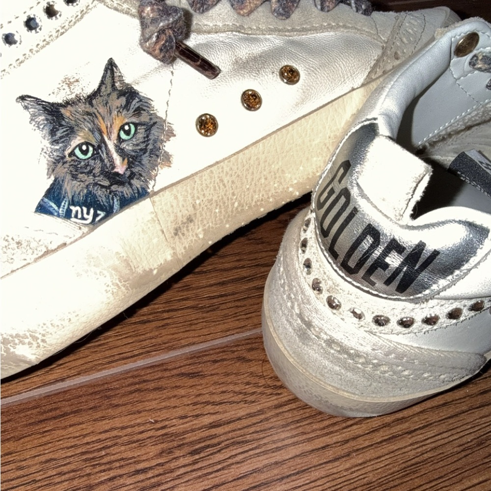 Golden Goose Cream Sneakers with Cat Art